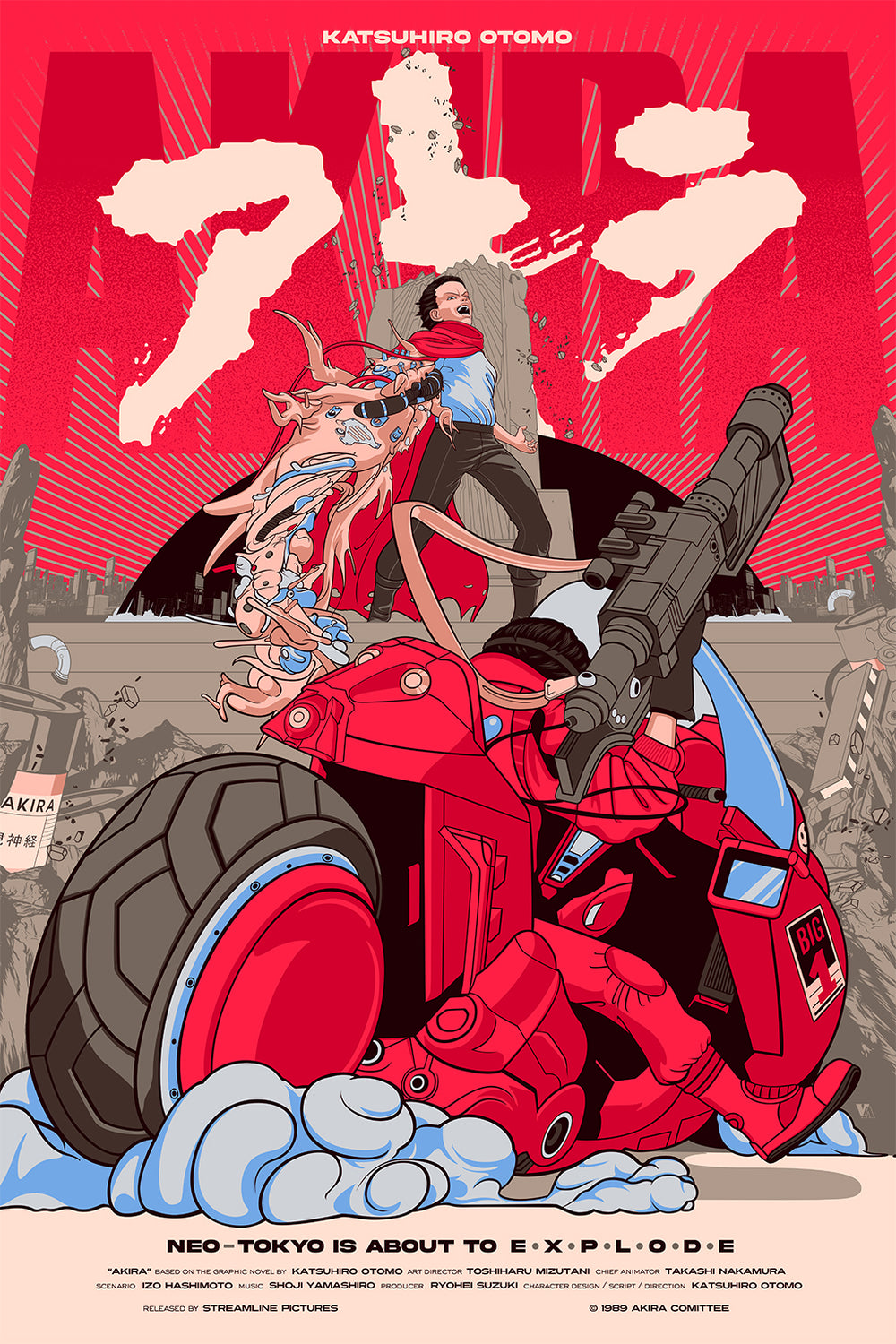 2boys akira bicycle black_hair cape cyberpunk gloves ground_vehicle highres jacket kaneda_shoutarou kaneda_shoutarou's_bike logo multiple_boys open_mouth pants red_cape red_footwear red_jacket red_pants science_fiction shima_tetsuo teeth weapon