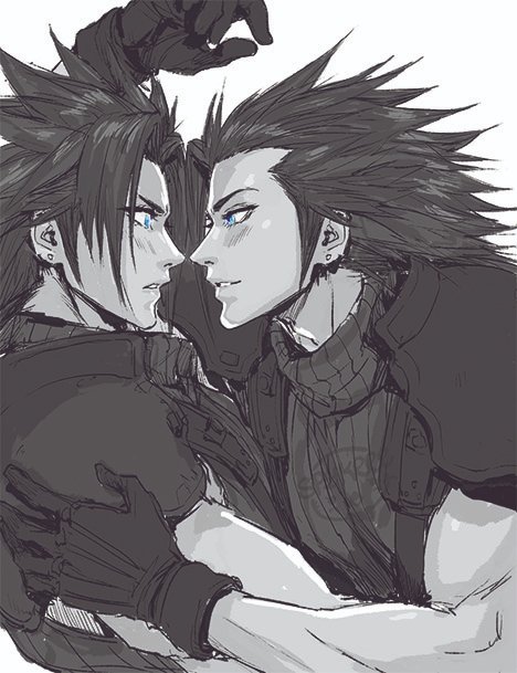 2boys armor bangs black_hair blue_eyes blush crisis_core_final_fantasy_vii earrings final_fantasy final_fantasy_vii final_fantasy_vii_remake gloves greyscale hair_slicked_back hand_on_another's_shoulder jewelry looking_at_another male_focus medium_hair monochrome multiple_boys muscular muscular_male older parted_bangs parted_lips selfcest shoulder_armor sideburns single_earring sleeveless sleeveless_turtleneck spiked_hair spot_color spykeee suspenders turtleneck white_background younger zack_fair
