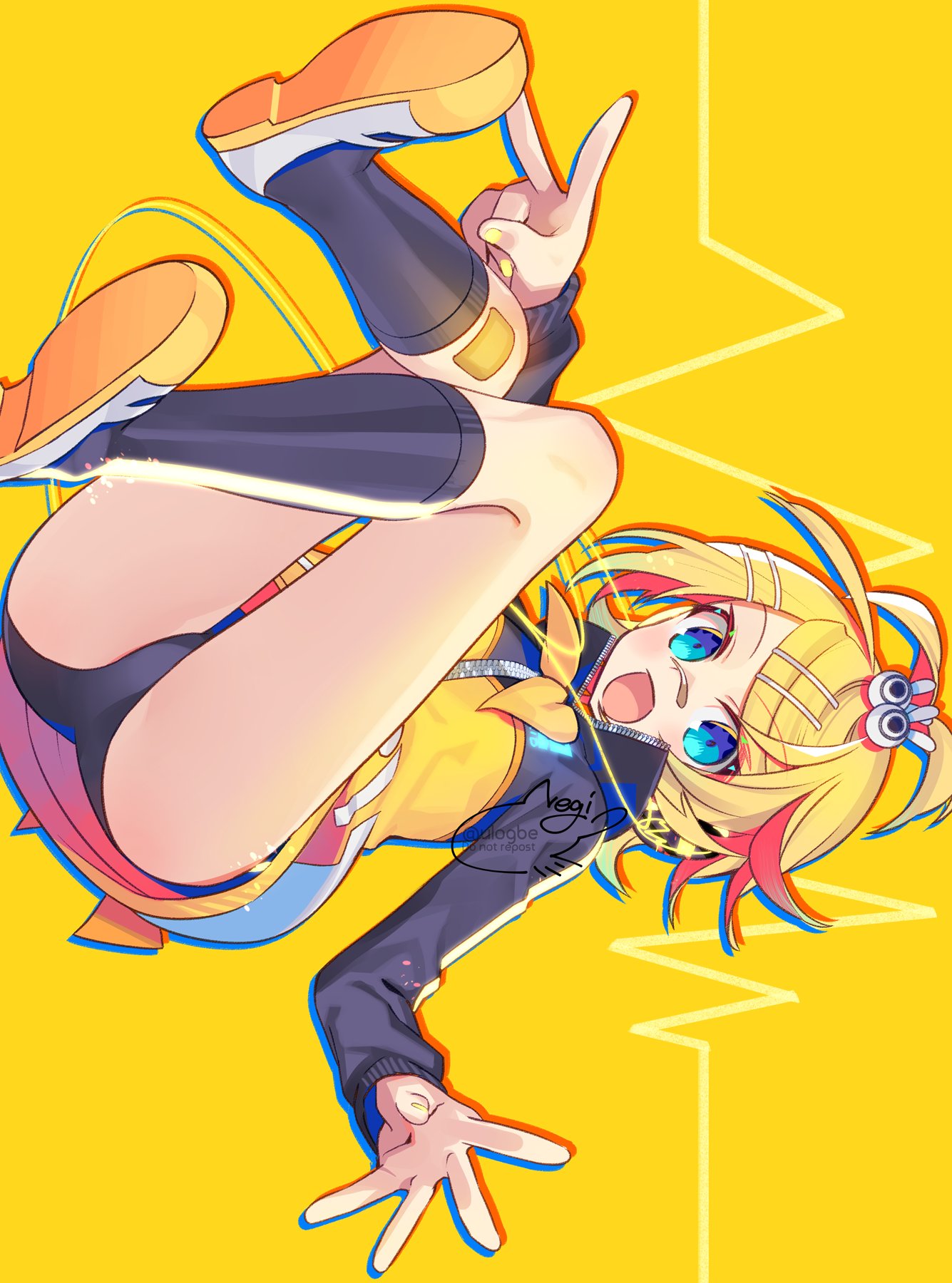 1girl bandaid bandaid_on_face bandaid_on_knee bandaid_on_leg bandaid_on_nose black_socks blonde_hair blue_eyes bow buruma cardiogram flat_chest hair_bobbles hair_ornament hairclip headphones highres jacket kagamine_rin looking_at_viewer multicolored_clothes multicolored_jacket negi_(ulog'be) open_mouth project_diva_(series) school_jersey_(module) shoes sideways smile socks solo stylish_energy_(module) sweatshirt two-tone_jacket uwabaki v vocaloid yellow_background yellow_bow yellow_jacket yellow_nails zipper