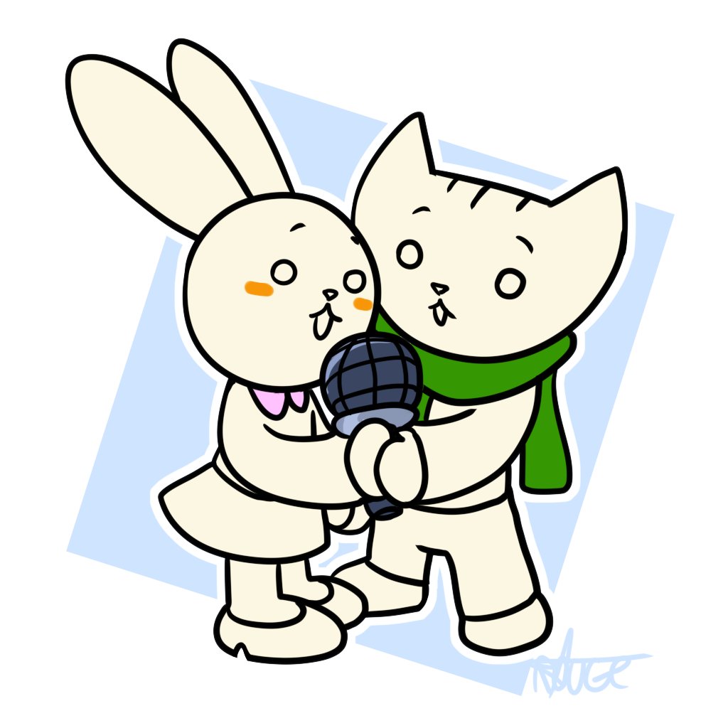1boy 1girl animal_ears blush_stickers cat_boy commentary couple crossover doki english_commentary friday_night_funkin' furry furry_female furry_male green_scarf holding holding_microphone microphone nabi open_mouth pants rabbit_ears rabbit_girl scarf sharing shirt shoes signature simple_background skirt standing thegreatrouge there_she_is!! white_footwear white_pants white_shirt white_skirt