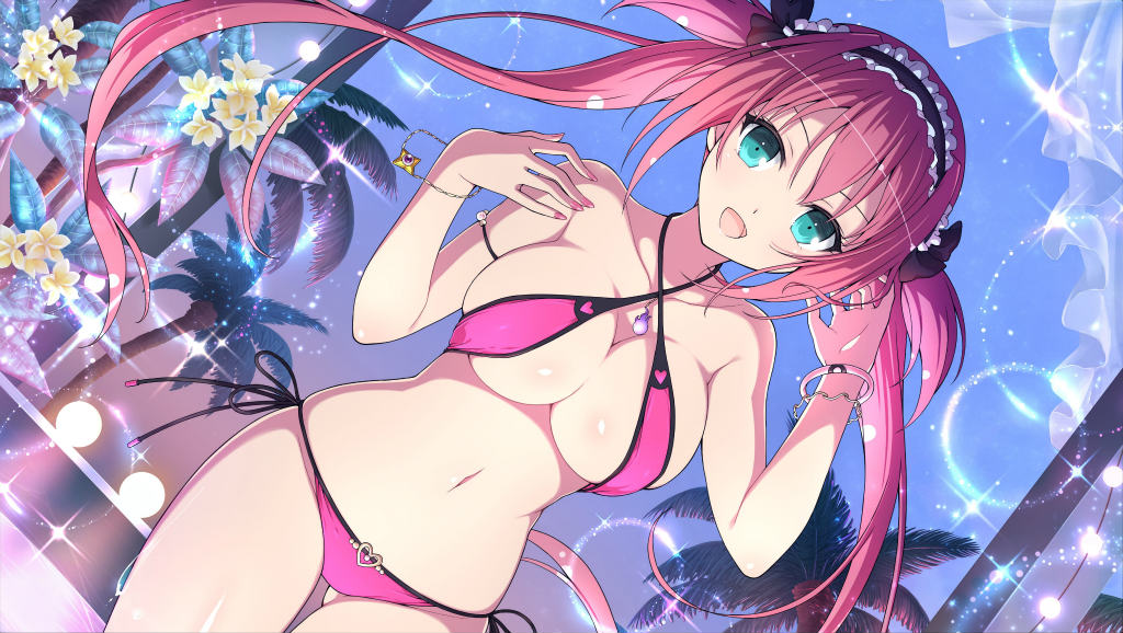 1girl airi_(queen's_blade) airi_(the_infernal_temptress) apron armpits ass_visible_through_thighs bangs beach bikini black_bow black_ribbon blue_eyes bow breasts collar covered_nipples crossover dutch_angle flower frilled_bikini frills glint hair_bow hair_ribbon hands_up heart long_hair looking_at_viewer maid maid_apron maid_bikini maid_headdress medium_breasts navel night official_art open_mouth outdoors pink_bikini queen's_blade red_hair ribbon senran_kagura senran_kagura_new_link solo standing stomach swimsuit thighs tree twintails two_side_up underboob very_long_hair wristband yaegashi_nan
