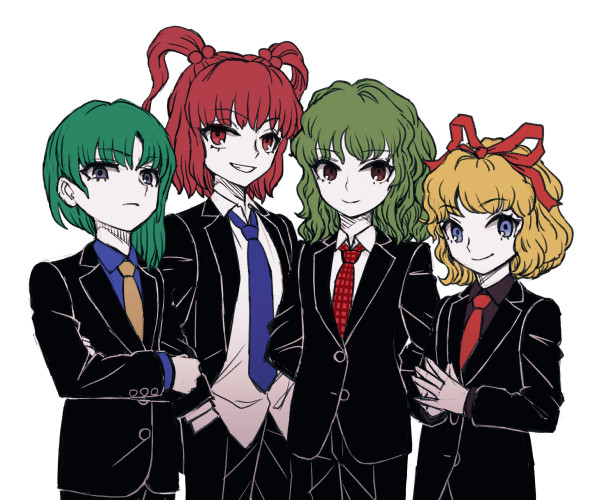 4girls asymmetrical_hair black_pants black_shirt blonde_hair blue_eyes blue_necktie blue_shirt buttons closed_mouth collared_shirt formal green_hair grey_eyes grin hair_bobbles hair_ornament hair_ribbon kazami_yuuka long_sleeves medicine_melancholy meimaru_inuchiyo multiple_girls necktie onozuka_komachi pants phantasmagoria_of_flower_view red_eyes red_hair red_necktie red_ribbon ribbon shiki_eiki shirt short_hair simple_background smile suit touhou two_side_up white_background white_shirt yellow_necktie