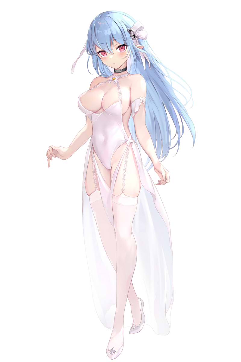 1girl bare_shoulders blue_hair breasts cleavage elf garter_straps hair_ribbon haishiki highres large_breasts leotard looking_at_viewer original pink_eyes pointy_ears revealing_clothes ribbon skin_tight skindentation skirt thick_thighs thighhighs thighs white_background white_leotard white_skirt white_thighhighs