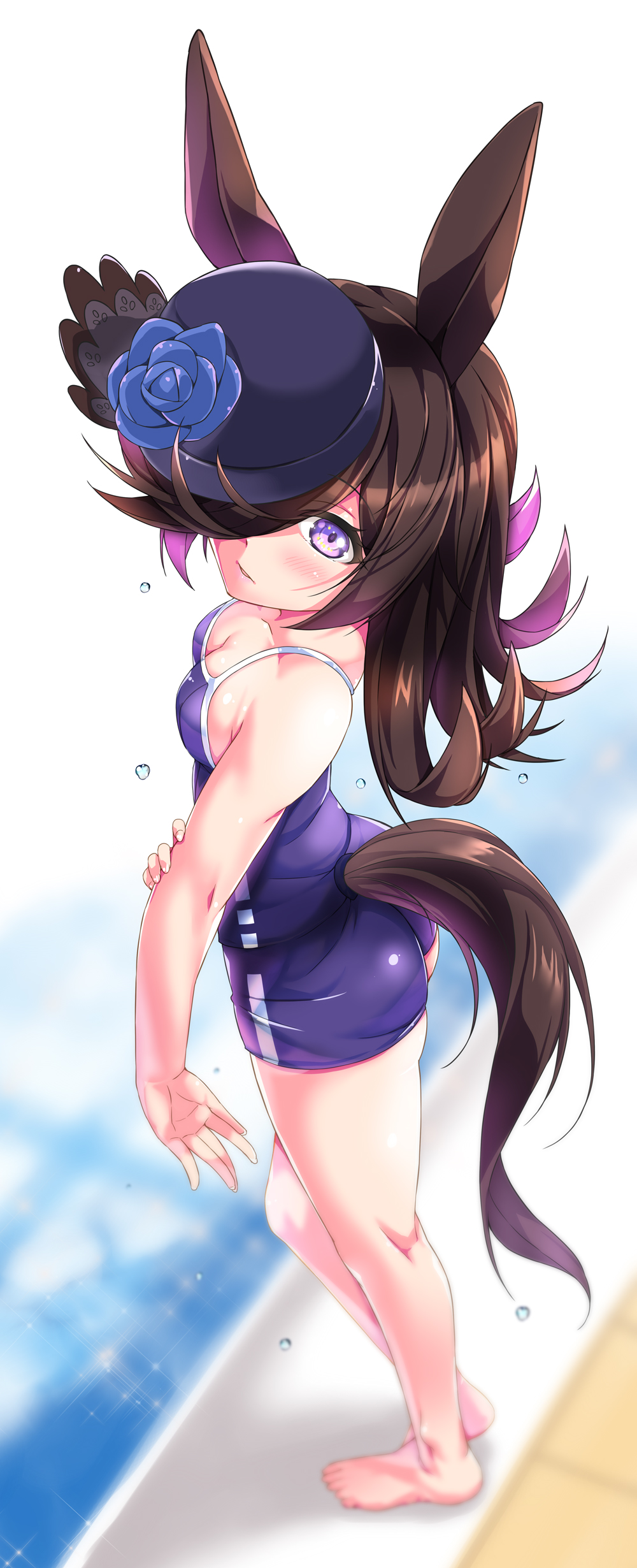 1girl absurdres animal_ears ass bare_arms bare_legs bare_shoulders barefoot black_hair black_headwear blue_flower blue_rose blue_swimsuit blurry blurry_background breasts cleavage commentary_request depth_of_field flower from_above from_side full_body hat hat_flower highres horse_ears horse_girl horse_tail long_hair looking_at_viewer looking_to_the_side looking_up medium_breasts one-piece_swimsuit pool poolside porurin rice_shower_(umamusume) rose solo standing swimsuit tail tilted_headwear umamusume water white_background