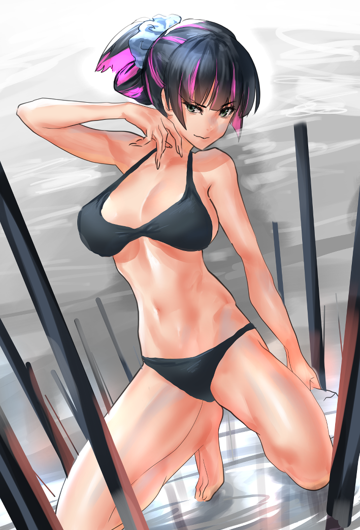 1girl bangs banned_artist barefoot bikini black_bikini black_hair blunt_bangs colored_inner_hair hair_up hand_up jelly kneeling multicolored_hair outdoors panty_&amp;_stocking_with_garterbelt ripples stocking_(psg) streaked_hair swimsuit