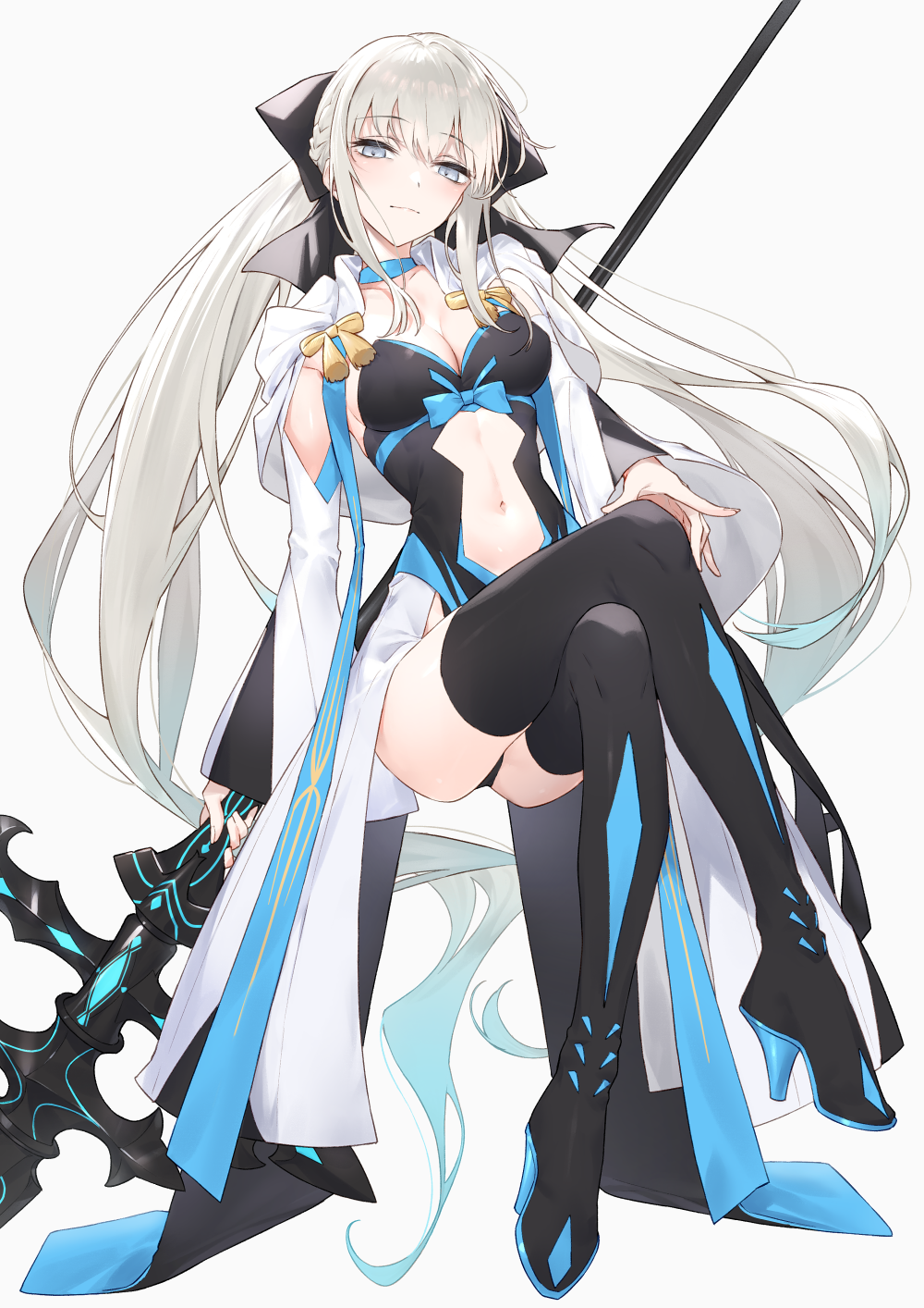 1girl bangs black_bow black_dress black_footwear blue_eyes boots bow braid breasts center_opening cleavage crossed_legs dress fate/grand_order fate_(series) french_braid grey_hair hair_bow hayashi_kewi highres large_breasts long_hair long_sleeves looking_at_viewer morgan_le_fay_(fate) navel pelvic_curtain ponytail sidelocks solo staff thigh_boots two-tone_dress very_long_hair white_dress wide_sleeves