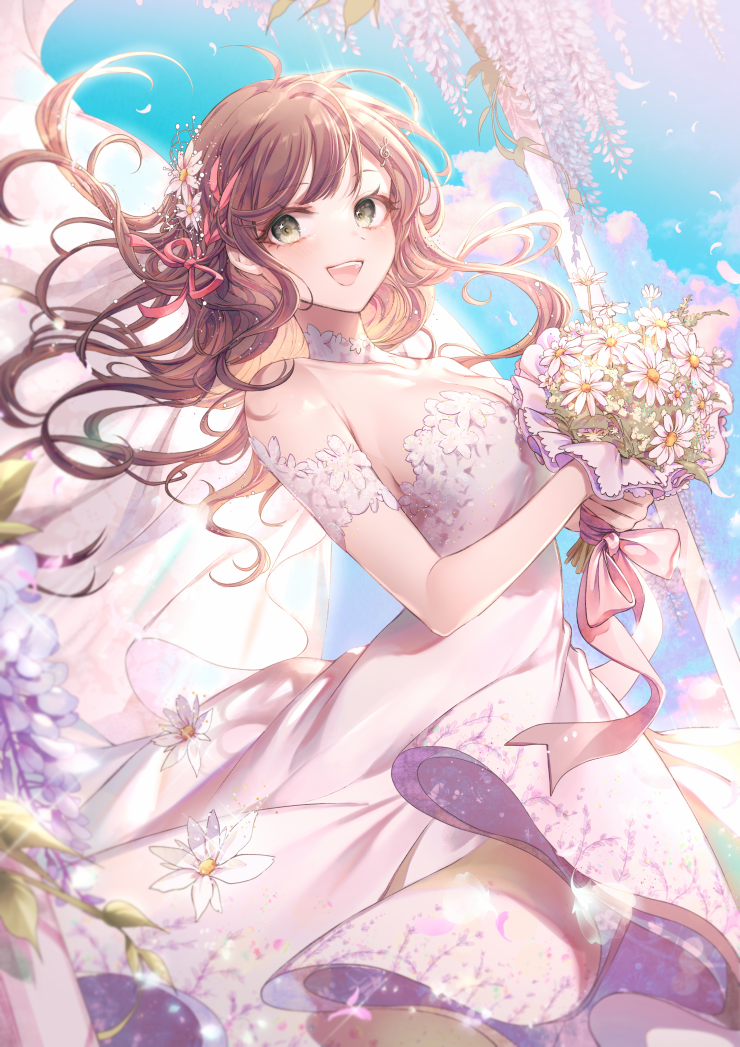 1girl :d bare_shoulders blue_sky bouquet breasts brown_eyes brown_hair cleavage cloud commentary commission day dress floating_hair flower hair_flower hair_ornament hair_ribbon holding holding_bouquet long_hair looking_at_viewer medium_breasts miori_celesta original ozzingo red_ribbon ribbon sky smile solo strapless strapless_dress very_long_hair white_dress white_flower