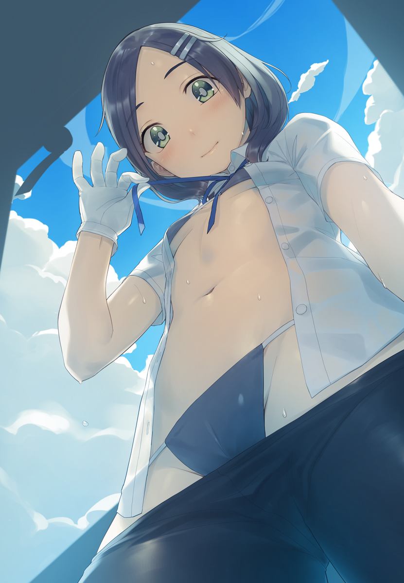 1girl bikini blue_bikini blue_ribbon blue_sky blush breasts closed_mouth cloud commentary_request day from_below gahaku gloves green_eyes hair_ornament hairclip highres kantai_collection kuroshio_(kancolle) light_smile long_hair looking_at_viewer open_clothes open_shirt outdoors ribbon shirt sky small_breasts smile solo sweat swimsuit white_gloves white_shirt