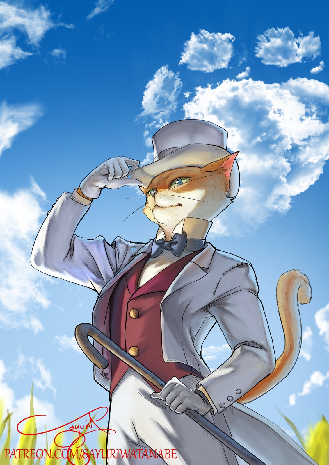 anthro baron_humbert_von_gikkingen blue_bow_tie bottomwear bow_tie button_(fastener) clothed clothing cloud coat detailed_background digital_media_(artwork) domestic_cat dress_shirt felid feline felis fur gentleman ghibli gloves grass green_sclera handwear hat headgear headwear hi_res holding_clothing holding_hat holding_headgear holding_headwear holding_object male mammal orange_body orange_fur outside pants plant red_clothing red_topwear red_vest sayuri_watanabe shirt sky solo suit tan_body tan_fur the_cat_returns top_hat topwear vest walking_cane whiskers white_bottomwear white_clothing white_coat white_gloves white_handwear white_pants white_shirt white_suit white_topwear