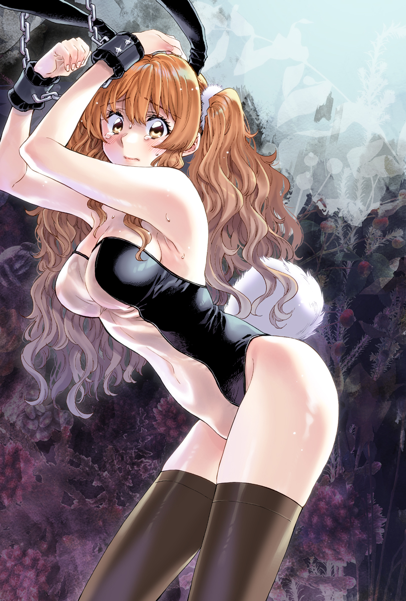 1girl animal_ears armpits arms_up ass black_thighhighs blush bound bound_wrists breasts chained_wrists cleavage covered_navel fake_animal_ears floral_background highres idolmaster idolmaster_cinderella_girls large_breasts leaning_forward long_hair looking_at_viewer moroboshi_kirari orange_hair playboy_bunny rabbit_ears rabbit_tail skin_tight solo sweatdrop tail takanashi_ringo tears thighhighs translucent_bunnysuit twintails very_long_hair wavy_hair
