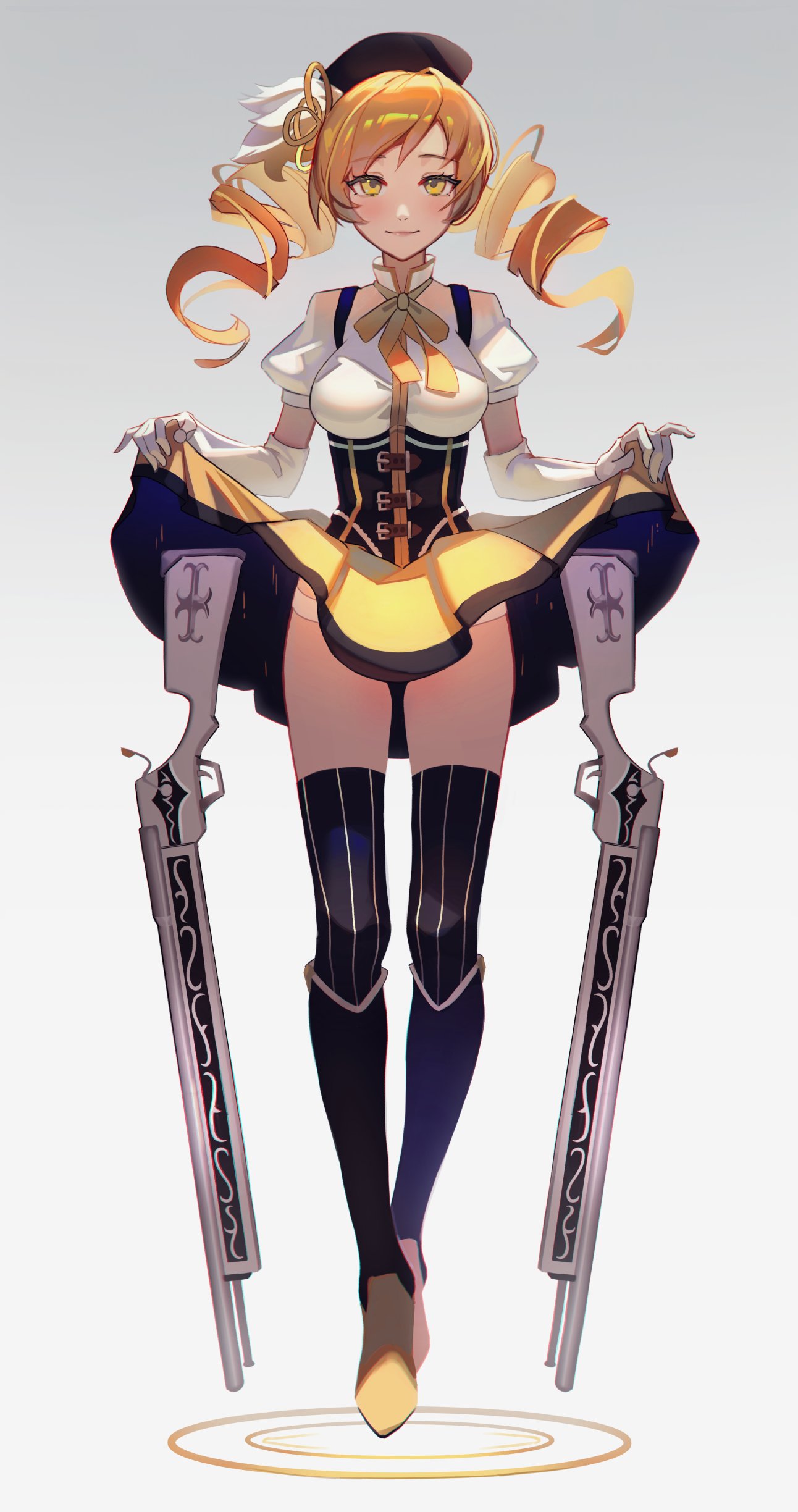1girl absurdres beret blonde_hair boots breasts corset detached_sleeves drill_hair eximmetry fingerless_gloves full_body gloves grey_eyes gun hair_ornament hairpin hat highres huge_breasts large_breasts magical_girl magical_musket mahou_shoujo_madoka_magica pleated_skirt puffy_sleeves short_twintails skirt skirt_hold solo striped striped_legwear thighhighs tomoe_mami twin_drills twintails vertical-striped_legwear vertical_stripes weapon white_background yellow_eyes