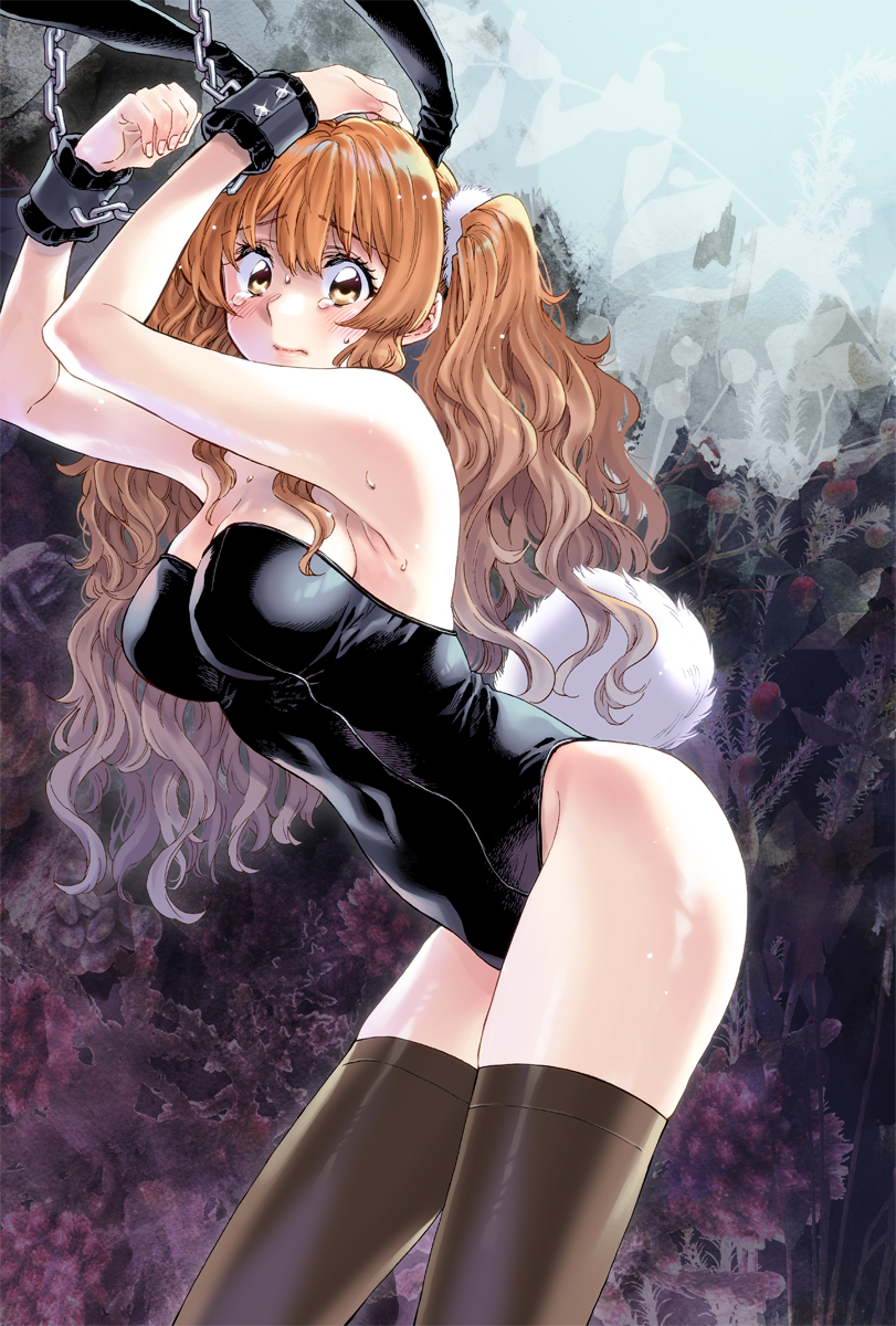 1girl animal_ears armpits arms_up ass black_leotard black_thighhighs blush bound bound_wrists breasts chained_wrists cleavage covered_navel fake_animal_ears floral_background highres idolmaster idolmaster_cinderella_girls large_breasts leaning_forward leotard long_hair looking_at_viewer moroboshi_kirari orange_hair playboy_bunny rabbit_ears rabbit_tail skin_tight solo sweatdrop tail takanashi_ringo tears thighhighs twintails very_long_hair wavy_hair