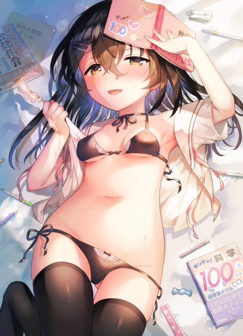 1girl :d arm_up bangs bed_sheet black_hair black_panties blush bow bow_bra bow_panties bra breasts brown_eyes cameltoe commentary_request fang food groin hair_between_eyes hand_up holding holding_food ichihaya long_hair looking_at_viewer navel no_shoes open_clothes open_shirt original panties popsicle sailor_collar shirt short_sleeves side-tie_panties small_breasts smile solo thighhighs underwear white_sailor_collar white_shirt