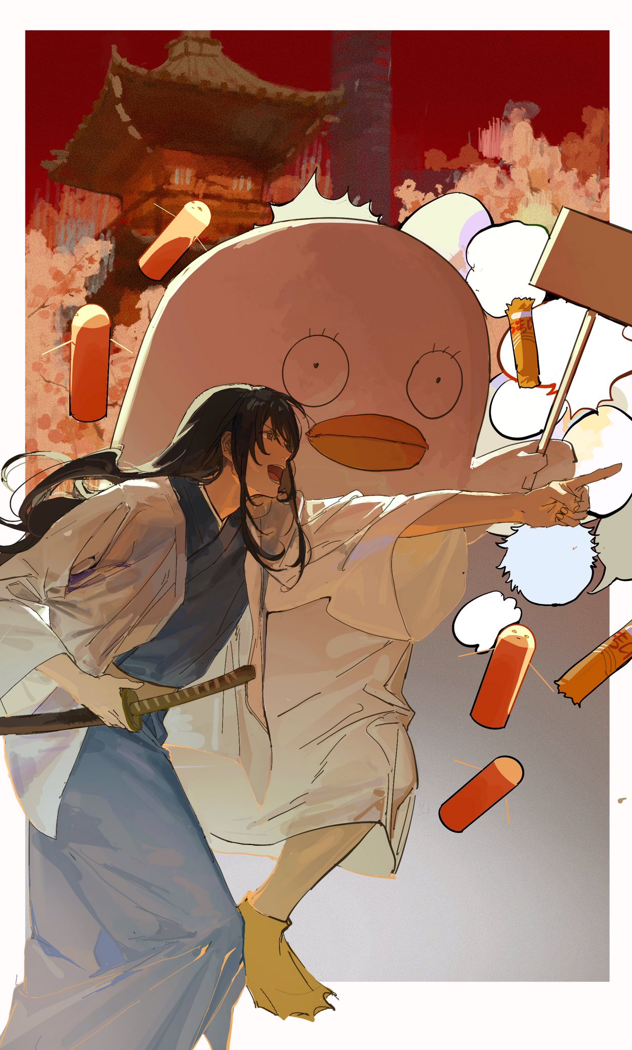 &gt;:) 1boy 1other :d architecture arm_up bird black_hair blank_speech_bubble board east_asian_architecture elizabeth_(gintama) food from_side gba_dod gintama highres japanese_clothes justaway katsura_kotarou long_hair open_mouth pointing sheath sheathed smile speech_bubble sword umaibou v-shaped_eyebrows weapon