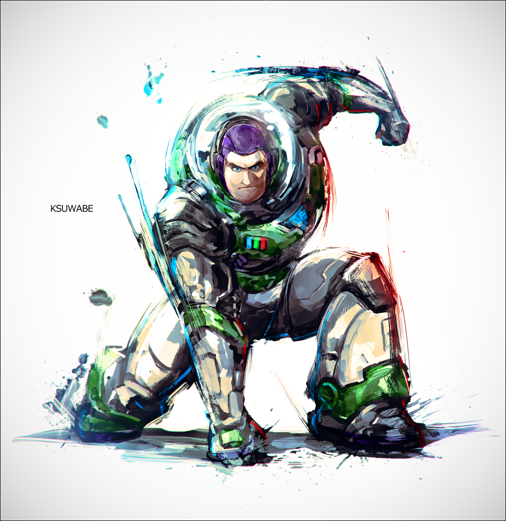 1boy arm_up artist_name black_border blue_eyes border buzz_lightyear chromatic_aberration clenched_hands closed_mouth commentary k-suwabe looking_at_viewer male_focus motion_lines one_knee simple_background sketch solo spacesuit superhero_landing toy_story watermark white_background