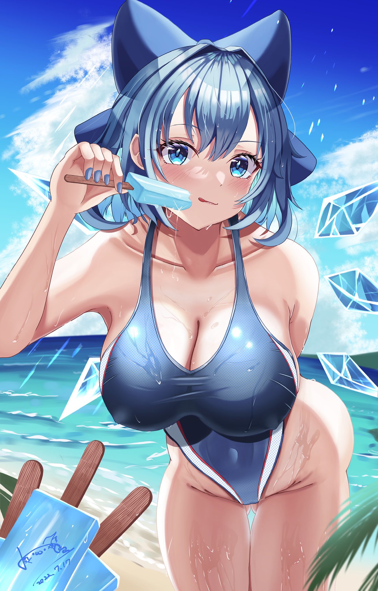 1girl :q alternate_breast_size aqua_hair arm_behind_back ass_visible_through_thighs bangs bare_shoulders beach blue_bow blue_eyes blue_hair blue_nails blue_sky blue_swimsuit blush bow breasts cirno cleavage cloud collarbone colored_inner_hair commentary_request competition_school_swimsuit competition_swimsuit covered_navel covered_nipples dated day dripping eyelashes fairy_wings food hair_between_eyes hair_bow highleg highleg_swimsuit highres holding holding_food horizon hossy ice ice_cream ice_wings large_breasts looking_at_viewer medium_hair melting multicolored_hair ocean older one-piece_swimsuit outdoors popsicle sand school_swimsuit signature sky solo swimsuit teenage thighs tongue tongue_out touhou two-tone_swimsuit water wet wings