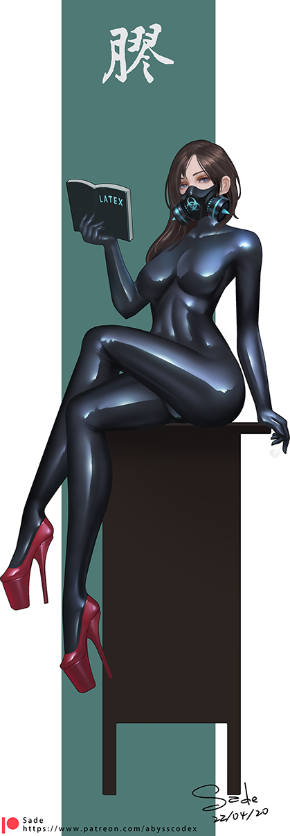 1girl arm_support blue_eyes bodystocking bodysuit book breasts brown_hair collarbone crossed_legs gas_mask high_heels highres large_breasts latex latex_bodysuit long_hair looking_at_viewer mask original sade_abyss signature sitting solo teacher