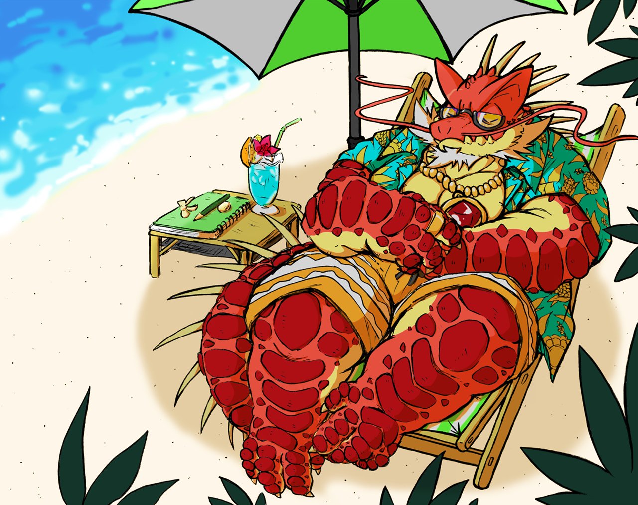 2022 anthro beach beverage bottomwear chair clothed clothing detailed_background eyes_closed eyewear furniture glasses humanoid_hands iguanid itzamna kemono lifewonders lizard male okudami open_clothing open_shirt open_topwear overweight overweight_male red_body reptile scalie seaside shirt shorts sitting solo tokyo_afterschool_summoners topwear video_games water