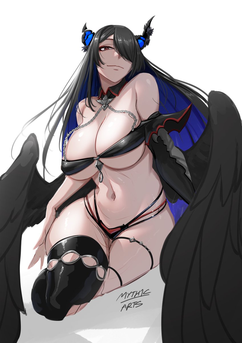 1girl asymmetrical_gloves asymmetrical_horns bikini black_bikini black_gloves black_hair blue_hair boots breasts colored_inner_hair cosplay crystal_horn demon_horns drop_earrings earrings elbow_gloves feathered_wings gloves granblue_fantasy hair_ornament highleg highleg_bikini highres hololive hololive_english horn_flower horns jewelry large_breasts long_hair looking_at_viewer magus_(granblue_fantasy) magus_(granblue_fantasy)_(cosplay) mismatched_gloves mole mole_under_eye multi-strapped_bikini_bottom multicolored_hair myth1carts navel nerissa_ravencroft red_gloves single_elbow_glove single_thigh_boot single_thighhigh smile solo swimsuit tassel tassel_hair_ornament thigh_boots thighhighs two-tone_gloves two-tone_hair uneven_horns untied_bikini_bottom unworn_gloves virtual_youtuber wings