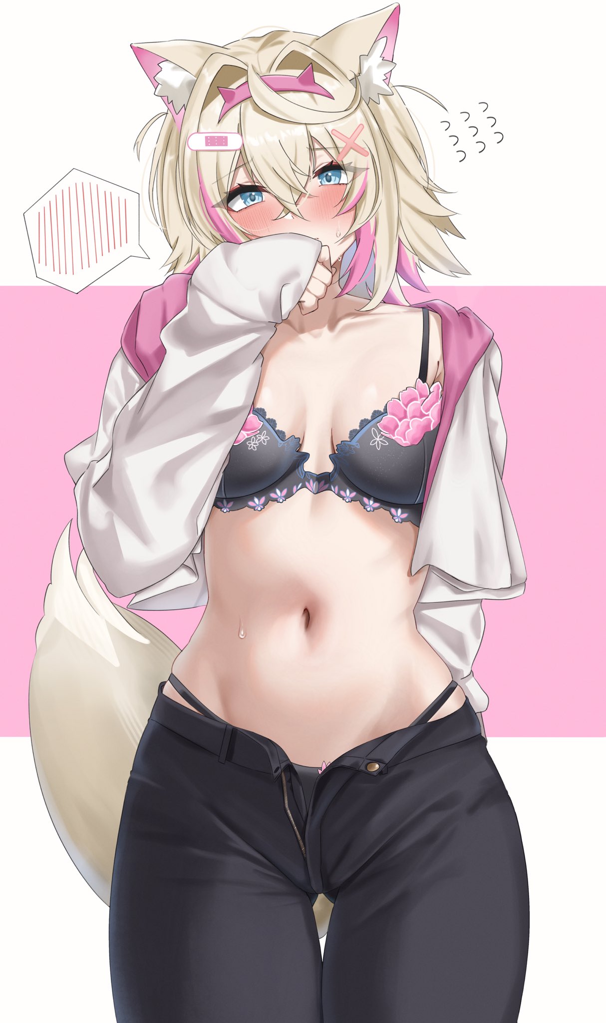 1girl animal_ears black_bra black_pants blonde_hair blue_eyes blush bra breasts collarbone dog_ears dog_girl dog_tail flying_sweatdrops highres hololive long_sleeves looking_at_viewer mococo_abyssgard multicolored_hair pants pink_hair short_hair small_breasts solo streaked_hair tail underwear unzipped virtual_youtuber yobi_(ybpac18)