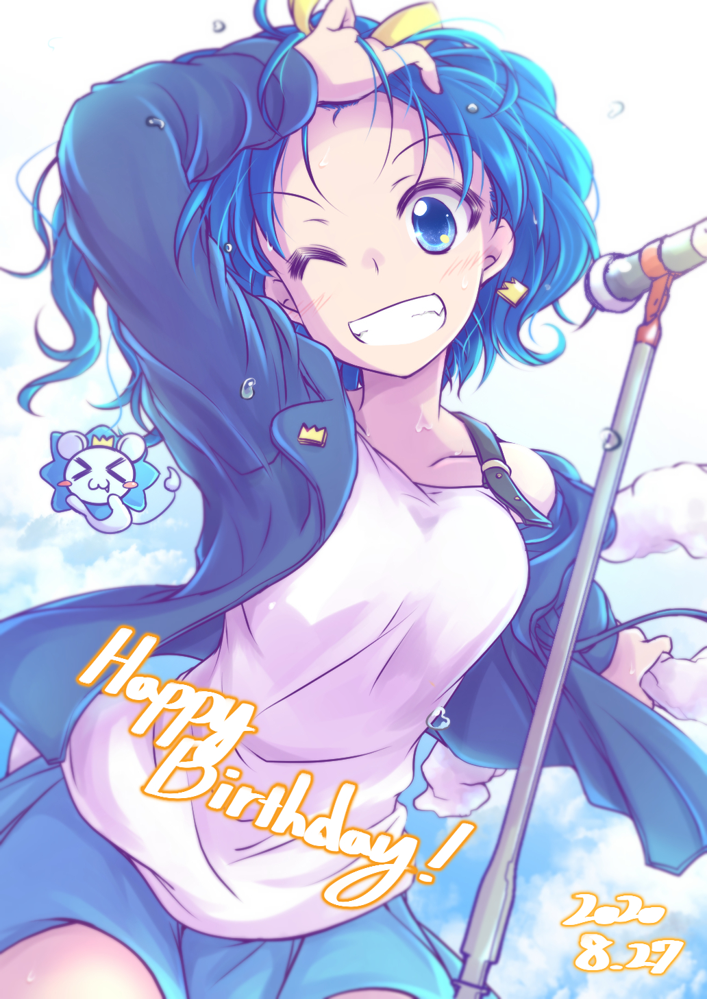1girl black_jacket blue_eyes blue_hair blue_skirt blue_sky casual cloud cloudy_sky cowboy_shot crown_earrings dated day english_text grin hair_ribbon hand_in_own_hair happy_birthday highres jacket kirakira_precure_a_la_mode lion looking_at_viewer medium_hair microphone_stand miniskirt muusu off_shoulder one_eye_closed outdoors precure ribbon skirt sky smile solo standing tank_top tategami_aoi white_tank_top yellow_ribbon