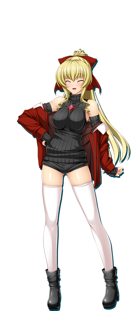 1girl ass_visible_through_thighs bare_shoulders black_footwear black_sweater blonde_hair blush boots bow detached_sleeves gem hair_bow hand_on_own_hip high_ponytail inoino jacket kouyoku_senki_exs-tia legs_apart lusterise open_clothes open_jacket open_mouth ponytail red_bow red_gemstone red_jacket rieszverne_suzette_paladill short_shorts shorts simple_background smile solo standing sweater tachi-e thighhighs white_background white_thighhighs zettai_ryouiki