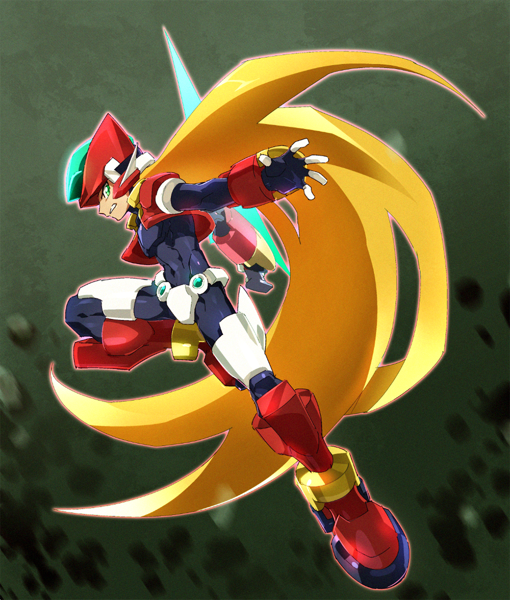 1boy armor blonde_hair cropped_jacket crotch_plate energy_sword forehead_jewel from_side green_background green_eyes helmet holding holding_sword holding_weapon jacket kon_(kin219) long_hair looking_at_viewer mega_man_(series) mega_man_zx model_zx_(mega_man) open_clothes open_jacket power_armor red_footwear solo sword vent_(mega_man) weapon