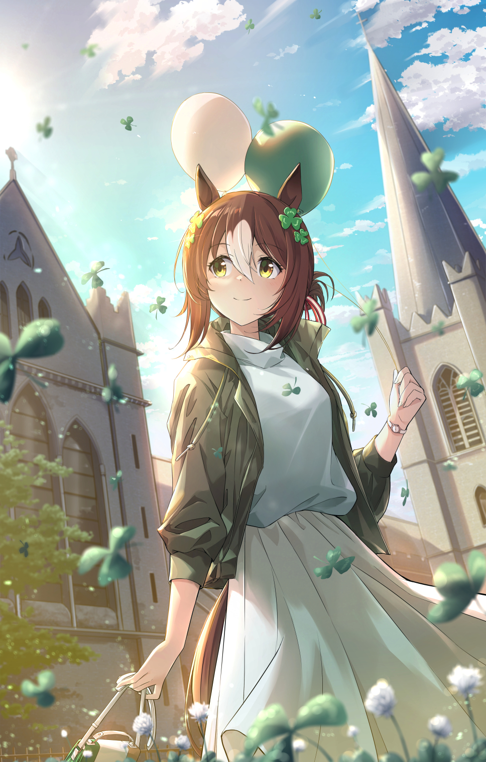 1girl animal_ears blue_sky brown_hair church cloud clover clover_(flower) clover_hair_ornament commentary_request fine_motion_(umamusume) flower green_eyes green_jacket hair_between_eyes hair_bun hair_ornament highres horse_ears horse_girl horse_tail jacket long_hair long_sleeves multicolored_hair murasaki_himuro saint_patrick's_day shamrock shirt skirt sky smile solo tail tree umamusume white_hair white_shirt white_skirt