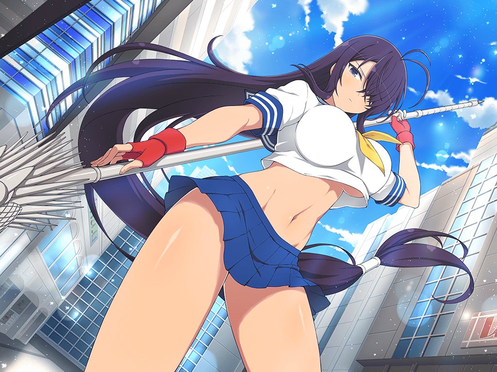 antenna_hair black_hair blue_eyes blue_sailor_collar blue_skirt breasts city cityscape closed_mouth cropped_shirt day fingerless_gloves gloves guan_dao hair_over_one_eye holding holding_polearm holding_weapon ikkitousen kan'u_unchou large_breasts long_hair low-tied_long_hair miniskirt navel official_art polearm red_gloves ribbon sailor_collar senran_kagura senran_kagura_new_link skirt sunlight tan underboob weapon yellow_ribbon