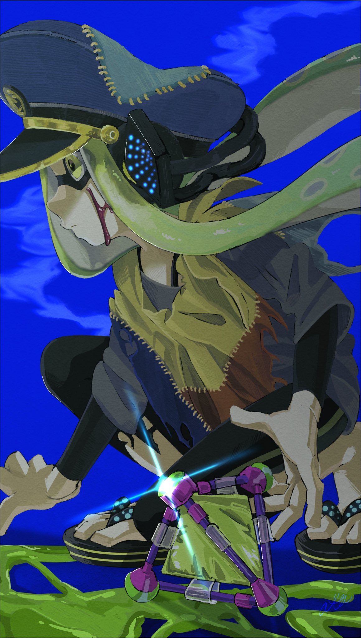 1girl agent_3_(splatoon) blonde_hair blood blue_background closed_mouth commentary_request flip-flops glint hat headphones highres inkling inkling_girl inkling_player_character long_hair paint peaked_cap qzcewaxd sandals solo splat_bomb_(splatoon) splatoon_(series) splatoon_3 squatting tentacle_hair yellow_eyes