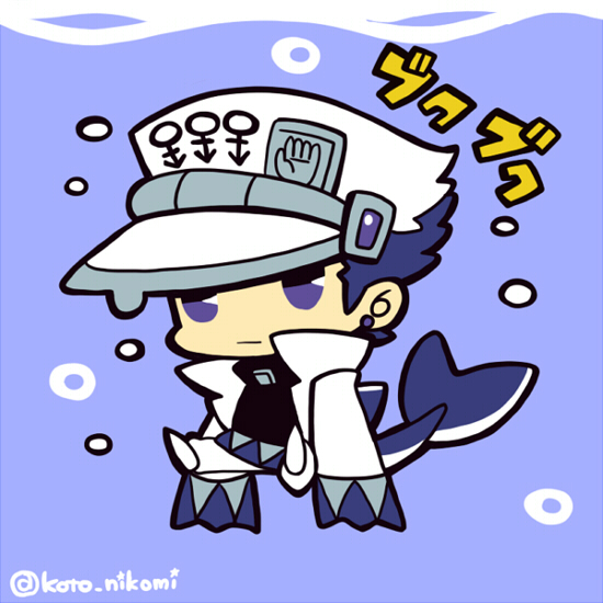 1boy androgyne_symbol belt black_shirt blue_eyes blue_hair chibi chibi_only closed_mouth coat earrings fins fish_tail flippers full_body hat jewelry jojo_no_kimyou_na_bouken kotorai kujo_jotaro male_focus no_nose shark_tail shirt short_hair sleeves_past_wrists solo tail translation_request twitter_username underwater white_coat white_headwear