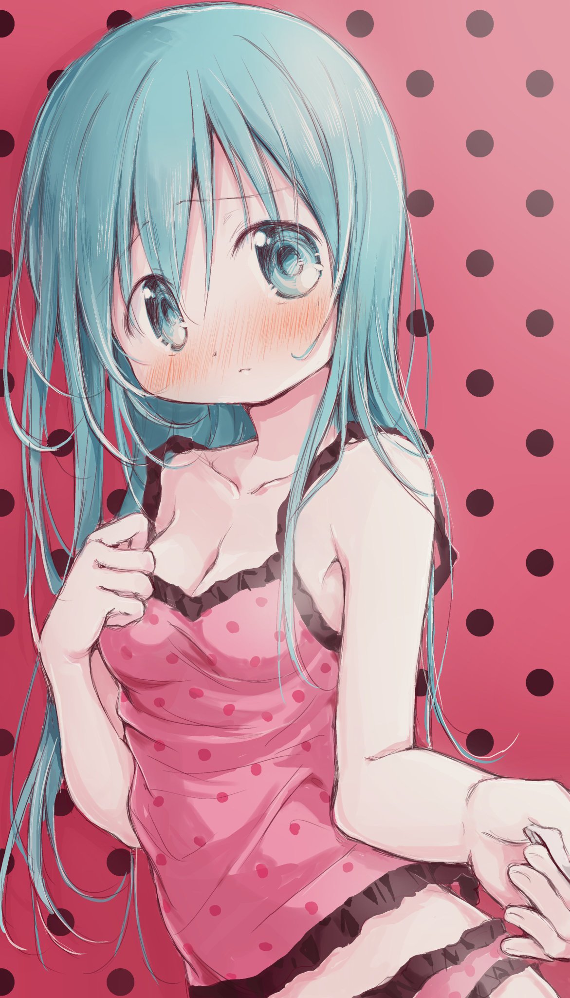 1girl :&lt; aqua_eyes aqua_hair blush breasts camisole cleavage embarrassed frilled_camisole frills full-face_blush hair_down hand_on_own_chest hatsune_miku head_tilt highres hitode holding_hands messy_hair midriff pink_background pink_camisole polka_dot polka_dot_background polka_dot_camisole pov pov_hands romeo_to_cinderella_(vocaloid) small_breasts solo_focus strap vocaloid