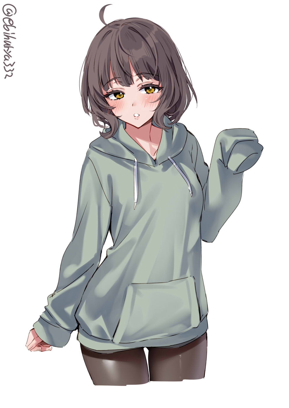 1girl ahoge artist_name black_hair black_pantyhose blush brown_eyes commentary cowboy_shot ebifurya green_hoodie hand_up hashtag_only_commentary highres hood hood_down hoodie kantai_collection kishinami_(kancolle) long_sleeves looking_at_viewer one-hour_drawing_challenge pantyhose short_hair simple_background sleeves_past_fingers sleeves_past_wrists solo twitter_username white_background
