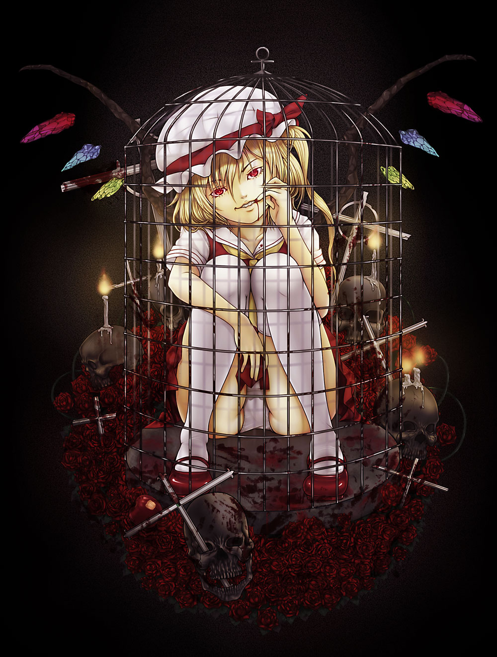 1girl ascot blonde_hair blood candle candlelight cross crystal dark_background enmatime flandre_scarlet flower full_body hair_between_eyes hat hat_ribbon head_tilt highres in_cage looking_at_viewer mary_janes medium_hair multicolored_wings one_side_up panties red_eyes red_flower red_footwear red_ribbon red_rose red_skirt red_vest ribbon rose shirt shoes short_sleeves skirt skull solo teeth thighhighs touhou underwear upper_teeth_only vest white_headwear white_panties white_shirt white_thighhighs wings yellow_ascot