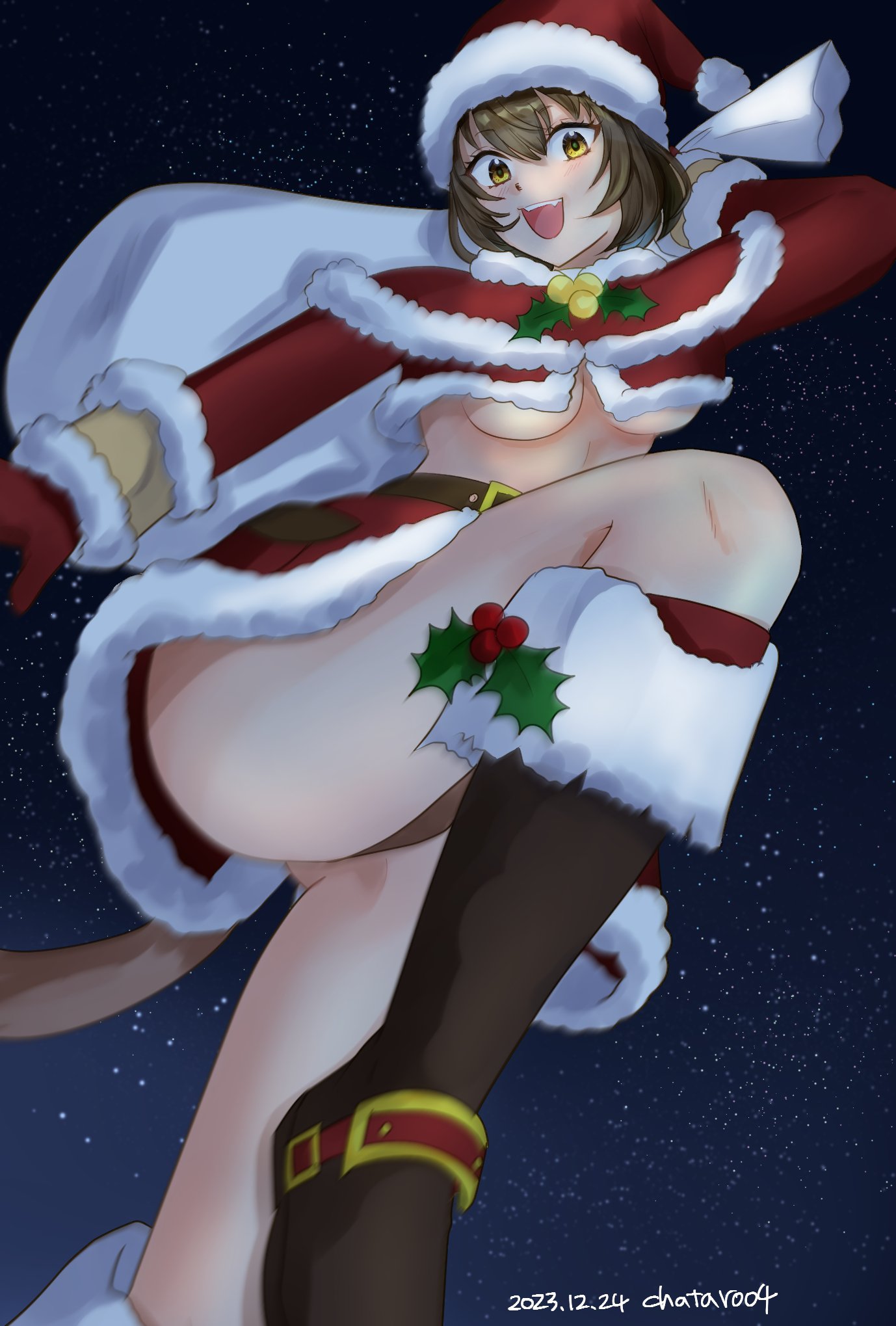1girl 2023 :d adventurer_(ff11) artist_name belt black_footwear boots breasts brown_belt brown_hair brown_tail capelet cat_girl cat_tail chatarou_bekkan christmas dated eyelashes final_fantasy final_fantasy_xi fur-trimmed_capelet fur-trimmed_skirt fur-trimmed_sleeves fur_trim gloves hair_between_eyes hat highres holding holding_sack holly knee_boots leg_up long_sleeves medium_breasts miniskirt mithra_(ff11) open_mouth over_shoulder red_capelet red_gloves red_skirt sack santa_costume santa_hat skirt smile solo star_(symbol) tail underboob yellow_eyes