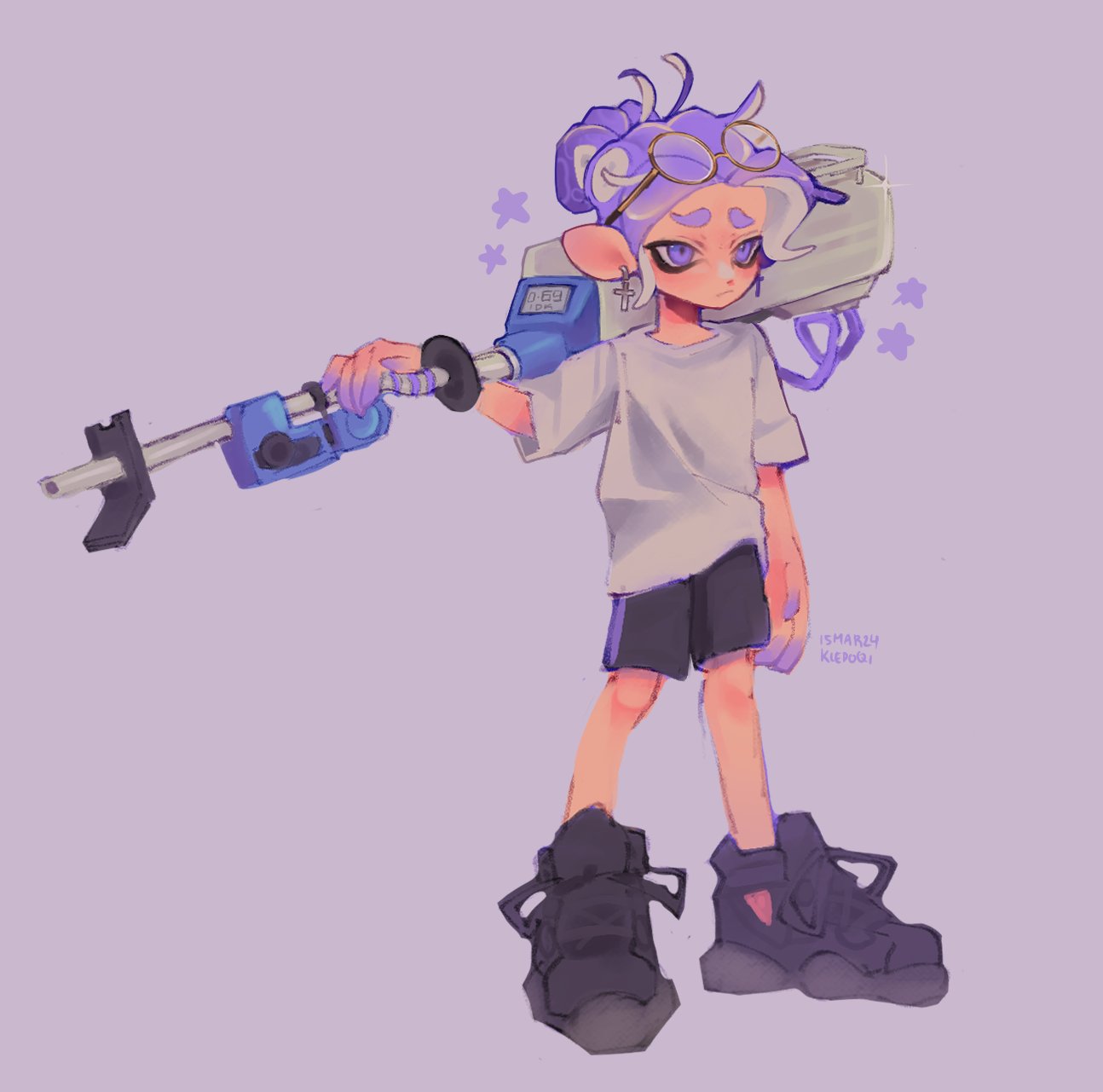 1boy black_footwear black_shorts closed_mouth commentary cross cross_earrings e-liter_4k_(splatoon) earrings english_commentary eyewear_on_head full_body grey_shirt gun high_tops highres holding holding_gun holding_weapon jewelry kiedoqi male_focus octoling octoling_boy octoling_player_character ponytail purple_background purple_eyes purple_hair round_eyewear shirt shoes short_hair shorts simple_background sneakers solo splatoon_(series) splatoon_3 standing star_(symbol) tentacle_hair thick_eyebrows weapon