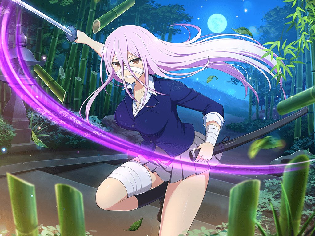 1girl ankle_socks bamboo bamboo_forest bandage_on_thigh blue_shirt breasts brown_eyes clenched_teeth cosplay forest full_moon grey_skirt holding holding_sword holding_weapon ikkitousen kumi_(senran_kagura) large_breasts long_hair looking_at_viewer moon nature night official_art pink_hair plant scabbard senran_kagura senran_kagura_new_link sheath shirt skirt slashing smile socks sword takezou_shinmen teeth weapon white_shirt