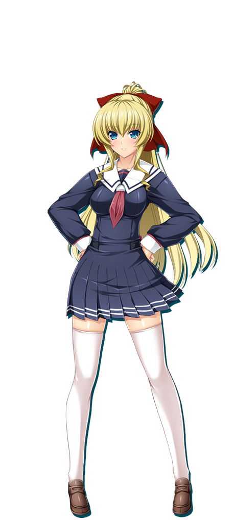 1girl aqua_eyes blonde_hair blush bow brown_footwear dress hair_bow hands_on_own_hips high_ponytail inoino kouyoku_senki_exs-tia legs_apart lusterise neckerchief pleated_dress ponytail red_bow red_neckerchief rieszverne_suzette_paladill sailor_collar school_uniform simple_background solo standing tachi-e thighhighs white_background white_sailor_collar white_thighhighs zettai_ryouiki