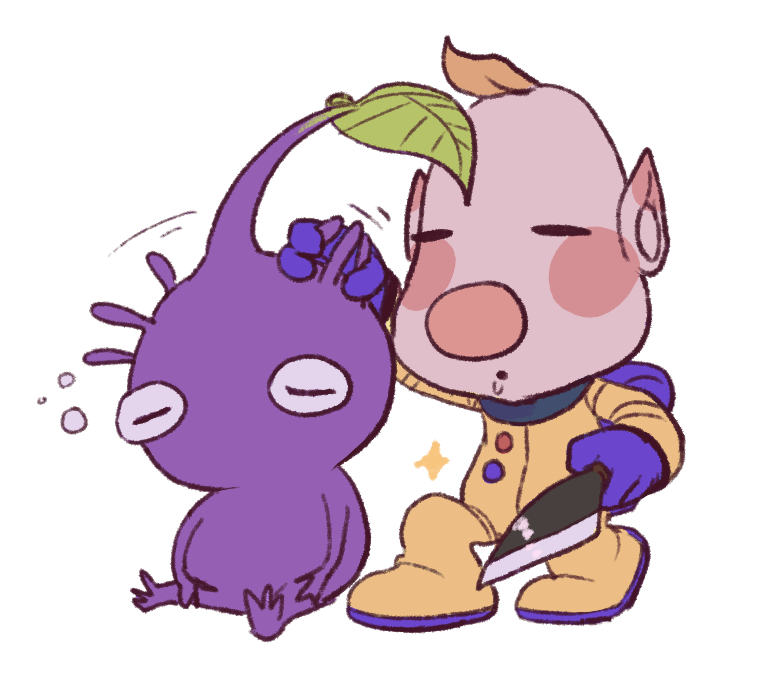 1boy backpack bag big_nose blonde_hair blue_bag blue_gloves blush_stickers buttons closed_eyes commentary_request drooling gloves holding holding_another's_hair holding_knife knife leaf louie_(pikmin) no_headwear no_mouth open_mouth pikmin_(creature) pikmin_(series) pointy_ears purple_hair purple_pikmin short_hair simple_background sitting sleeping spacesuit sparkle squeans usuba_(hatomugip) very_short_hair white_background