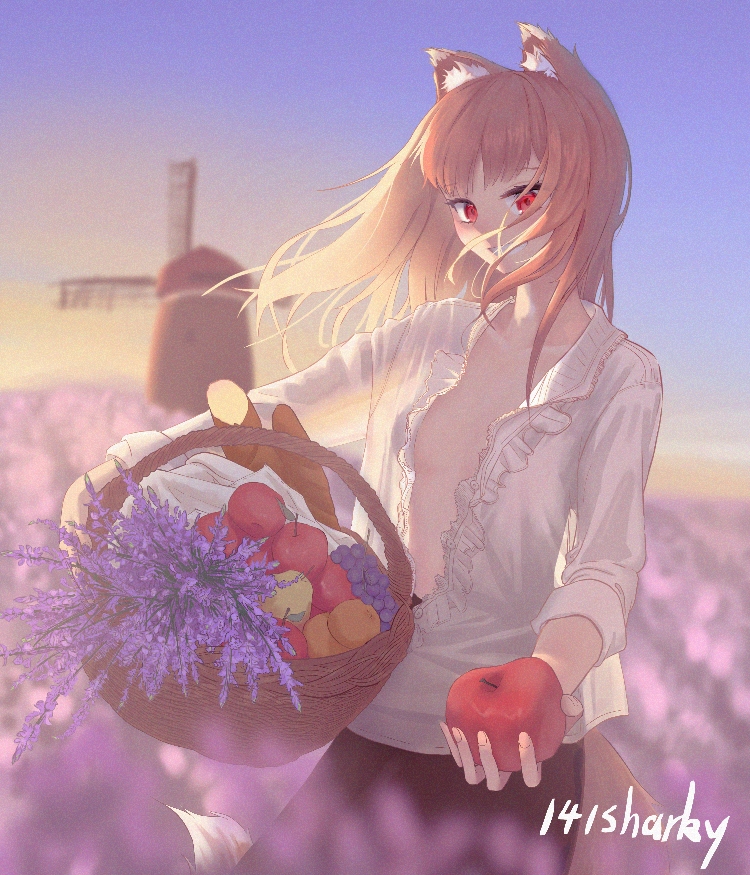 141sharky 1girl animal_ears apple artist_name basket breasts brown_hair downblouse field flower flower_field food frilled_shirt frills fruit gradient_sky grapes holding holding_basket holding_food holding_fruit holo long_hair looking_at_viewer outdoors purple_flower red_eyes shirt sky small_breasts solo spice_and_wolf tail white_shirt windmill wolf_ears wolf_girl wolf_tail