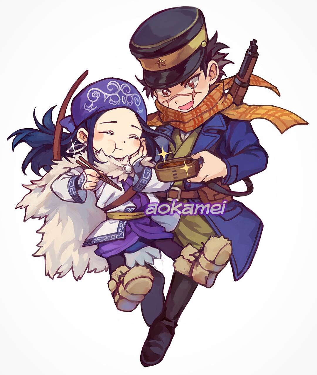 1boy 1girl aokamei asirpa belt black_footwear black_hair black_headwear black_pantyhose blue_coat blue_eyes boots bow_(weapon) brown_eyes brown_scarf chopsticks coat earrings eating fingernails full_body fur_boots glint golden_kamuy grey_footwear gun gun_on_back hand_on_own_cheek hand_on_own_face highres holding holding_chopsticks hoop_earrings jewelry military pantyhose plaid plaid_scarf scar scar_on_face scarf simple_background sparkle sugimoto_saichi weapon weapon_on_back white_background