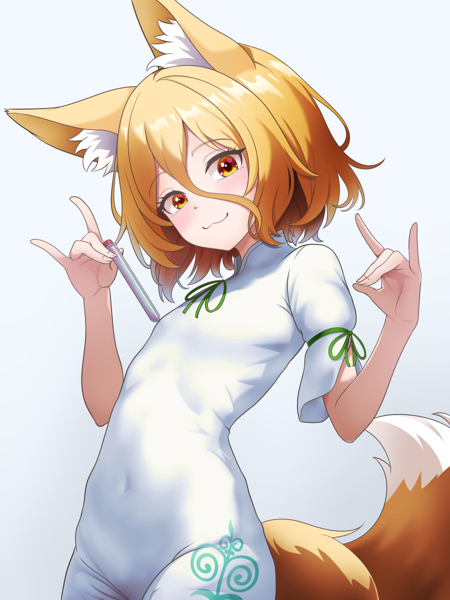 1girl :3 animal_ear_fluff animal_ears blonde_hair blush breasts closed_mouth commentary_request covered_navel double_fox_shadow_puppet eyelashes fox_ears fox_girl fox_shadow_puppet fox_tail green_ribbon grey_background hair_between_eyes hands_up highres holding holding_test_tube kisaragi_koushi kudamaki_tsukasa looking_at_viewer medium_hair orange_eyes ribbon romper short_sleeves simple_background small_breasts smile solo tail test_tube touhou tsurime w_arms white_romper