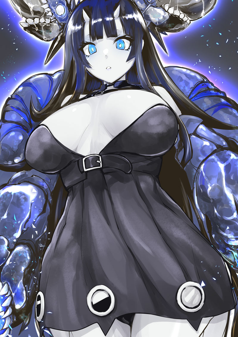 1girl abyssal_ship atoll_aircraft_carrier_anchorage_princess bare_shoulders black_dress black_hair black_panties blue_eyes breasts colored_skin dress grey_skin horns kantai_collection large_breasts long_hair looking_at_viewer mikagami_sou panties parted_lips saliva short_dress simple_background sleeveless sleeveless_dress solo teeth underwear very_long_hair