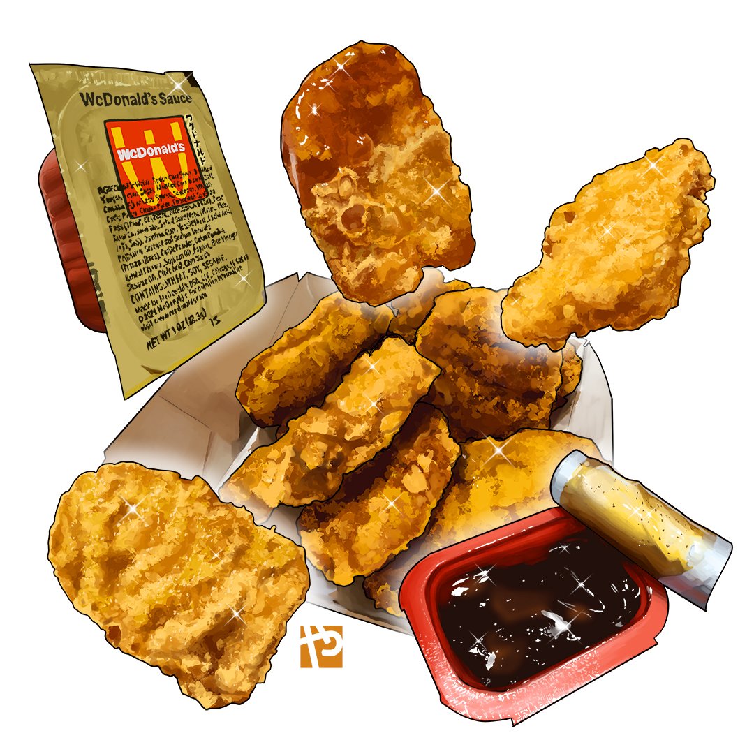 chicken_nuggets copyright_name english_commentary food_focus mcdonald's no_humans sauce simple_background sparkle studiolg wcdonald's white_background