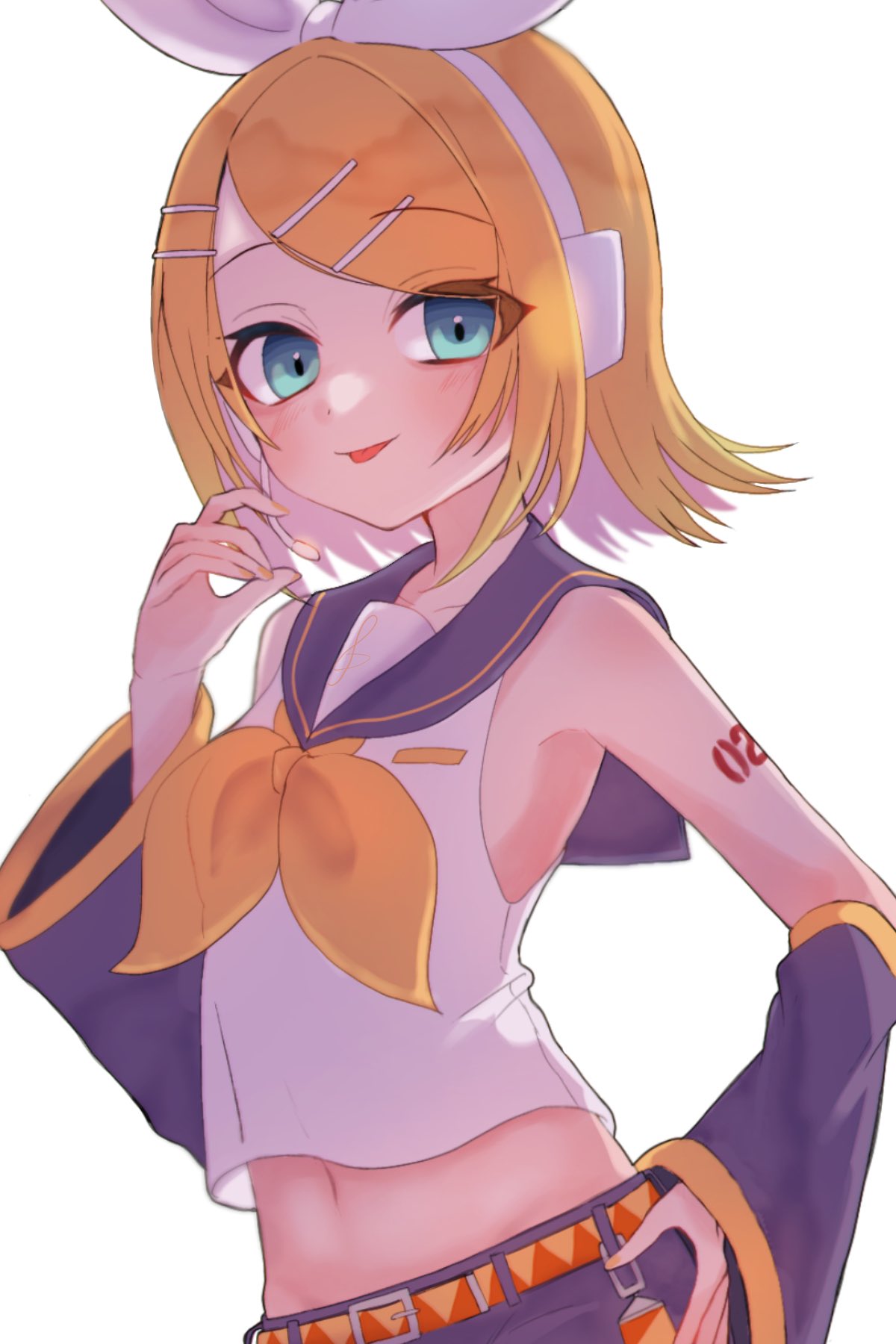 1girl aqua_eyes arched_back bare_shoulders belt belt_buckle blonde_hair bow breasts buckle crop_top detached_sleeves hair_bow hair_ornament hairclip half-closed_eyes hand_on_own_hip headphones headset highres kagamine_rin light_blush midriff narrow_waist navel neckerchief necktie nnc225 number_tattoo orange_belt purple_sailor_collar purple_shorts purple_sleeves sailor_collar shirt short_hair shorts shoulder_tattoo skinny sleeveless sleeveless_shirt small_breasts smile solo swept_bangs tattoo teasing tongue tongue_out treble_clef tsurime two-tone_belt vocaloid white_bow wide_sleeves yellow_belt yellow_nails yellow_neckerchief yellow_necktie