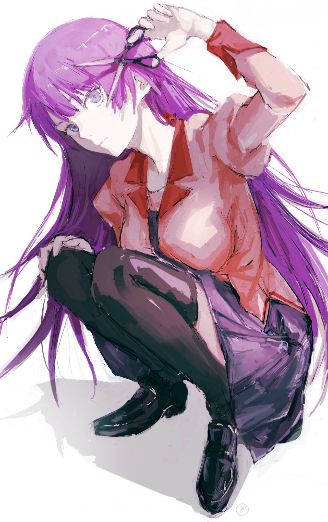 ._(kometto333) 1girl arm_up bakemonogatari black_footwear black_thighhighs blue_eyes breasts closed_mouth collared_shirt eyelashes full_body hand_on_own_knee highres holding holding_scissors juliet_sleeves large_breasts leaning_forward loafers long_hair long_sleeves looking_at_viewer miniskirt monogatari_(series) naoetsu_high_school_uniform necktie pink_shirt pleated_skirt puffy_sleeves purple_hair purple_necktie purple_skirt revision school_uniform scissors senjougahara_hitagi shadow shirt shoes skirt solo squatting thighhighs very_long_hair white_background