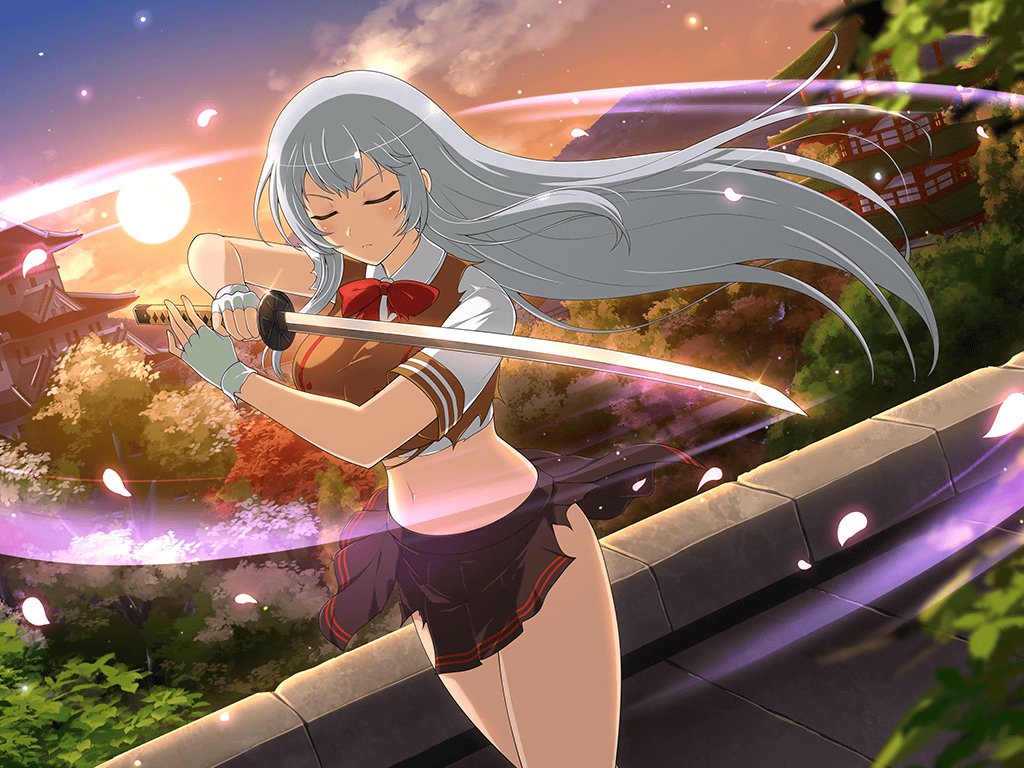 architecture black_skirt bow bowtie chouun_shiryuu closed_mouth east_asian_architecture fighting fighting_stance fingerless_gloves gloves grey_hair holding holding_sword holding_weapon ikkitousen light_blush long_hair miniskirt navel official_art petals red_bow red_bowtie school_uniform senran_kagura senran_kagura_new_link serious skirt sunset sword torn_clothes unsheathed weapon