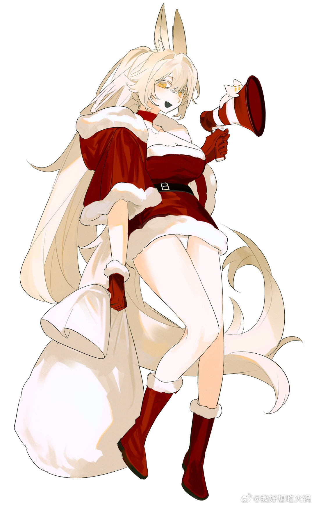 1girl :d animal_ears belt black_belt blonde_hair boots breasts capelet chinese_commentary choker christmas cleavage colored_eyelashes commentary_request dress fang full_body fur-trimmed_boots fur-trimmed_capelet fur-trimmed_dress fur-trimmed_gloves fur_trim gloves hair_between_eyes highres holding holding_megaphone holding_sack hood large_breasts long_hair looking_at_viewer megaphone open_mouth original panties pantyshot ponytail rabbit_ears red_capelet red_choker red_dress red_footwear red_gloves rexxxlord sack santa_costume santa_dress short_dress simple_background smile solo tail underwear very_long_hair weibo_logo weibo_username white_background white_hair white_panties yellow_eyes