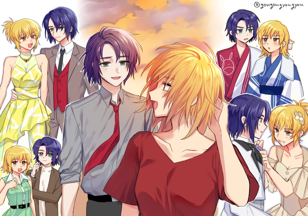 1boy 1girl athrun_zala bath_yukata blonde_hair blue_hair cagalli_yula_athha casual couple dress formal gougougyougyou green_eyes grey_shirt gundam gundam_seed gundam_seed_freedom hair_ornament hand_in_own_hair hand_on_another's_waist japanese_clothes kimono looking_at_another looking_at_viewer multiple_views red_shirt red_tie shirt short_hair smile suit sunset tying white_suit yellow_eyes yukata