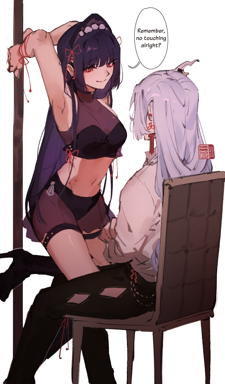 2girls armpits arms_up black_pants boots breasts cleavage closed_mouth crop_top earrings english_text eyeshadow flying-frappuccino genshin_impact grey_hair hair_ribbon high_heel_boots high_heels highres jewelry leg_between_thighs long_hair looking_at_another makeup medium_breasts multiple_girls navel pants pole purple_hair red_eyes red_eyeshadow ribbon see-through see-through_cleavage shenhe_(genshin_impact) shirt sitting smile standing standing_on_one_leg stripper_pole stud_earrings very_long_hair white_background white_shirt yun_jin_(genshin_impact) yuri